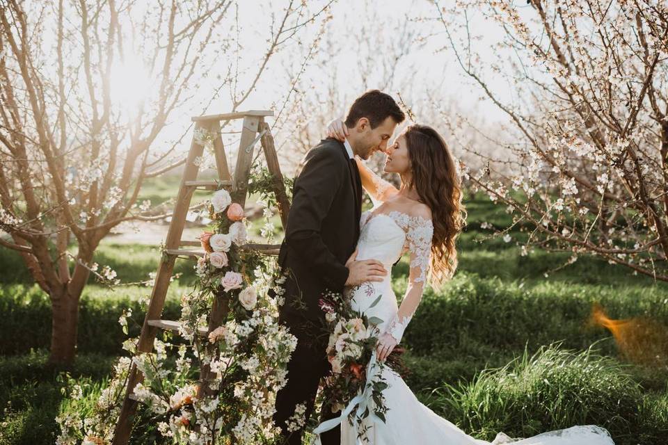 groom and bride kissing under cherry blossom trees