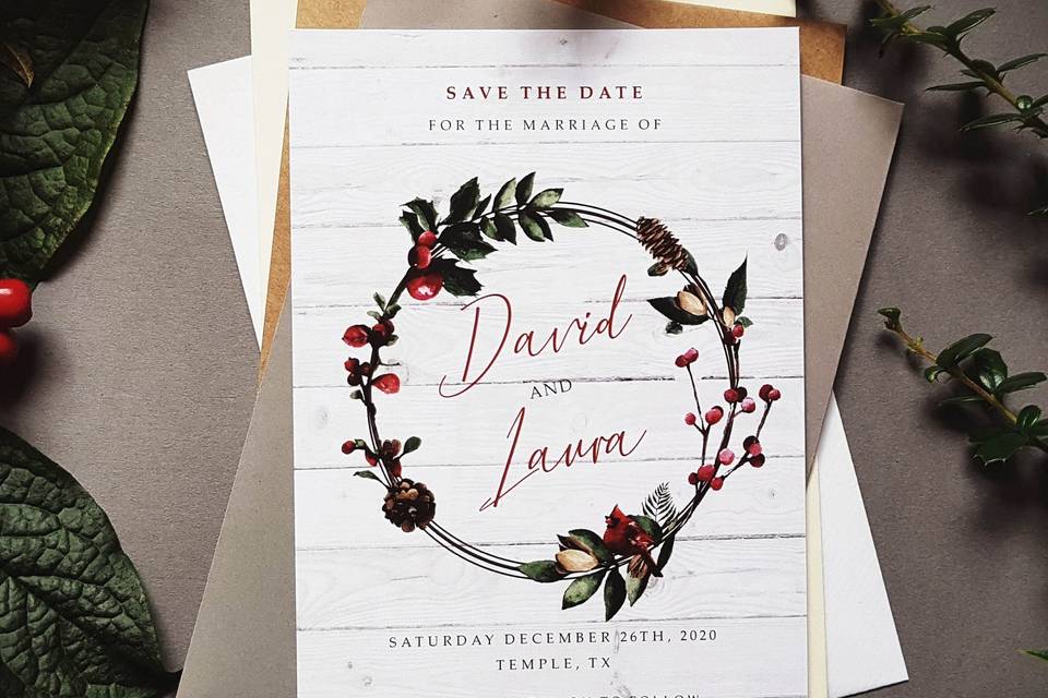 berry wreath save the dates