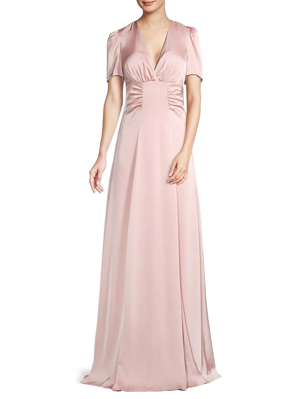 Floor length satin gown with V-neck in blush