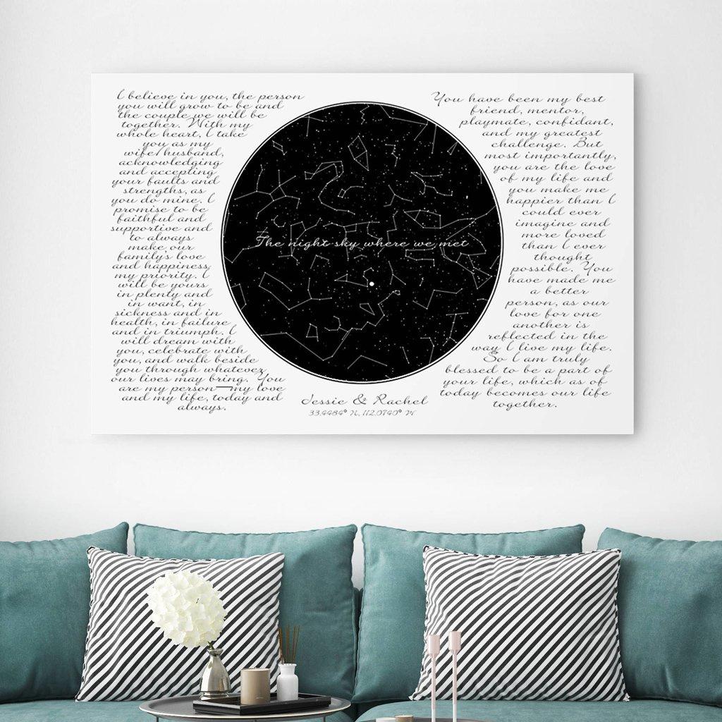 Canvas map of the stars and wedding vows personalized 5-year anniversary gift