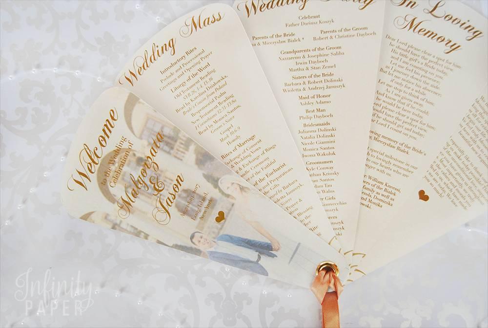 paper fan wedding ceremony program tied together with satin ribbon