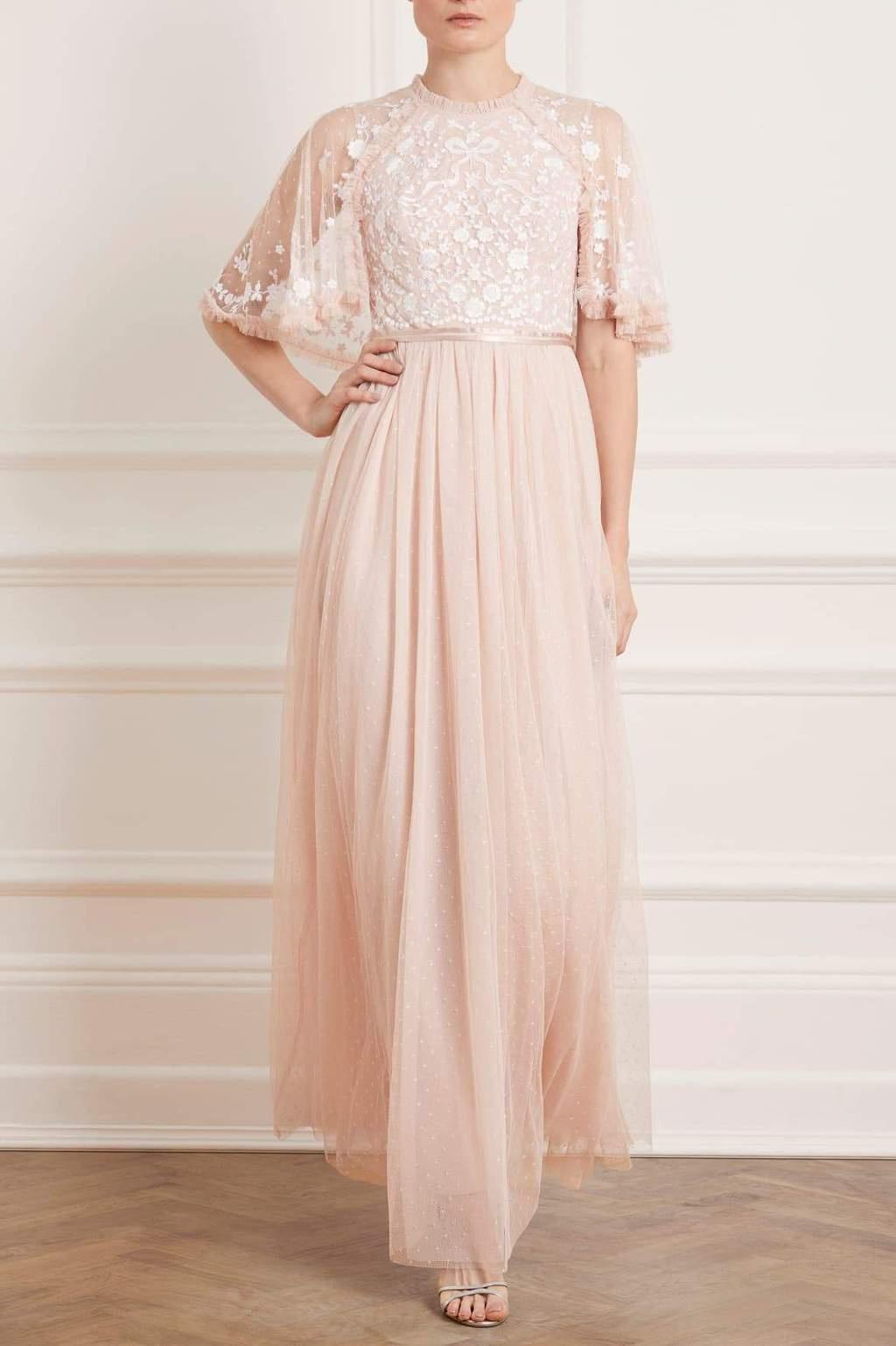 Needle & thread embroidered maxi dress with flutter sleeve in rose sale