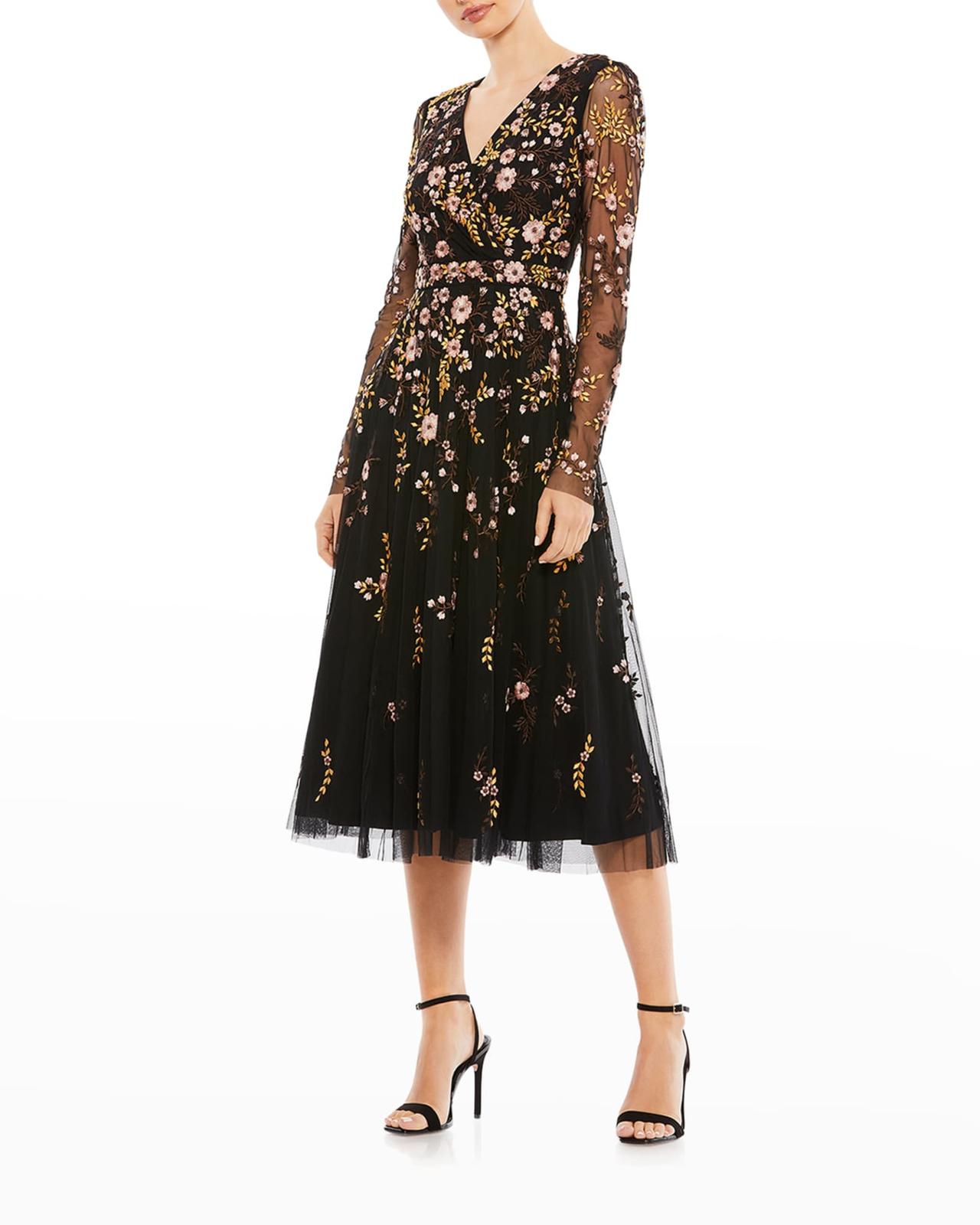 Tulle midi dress with embroidered flowers