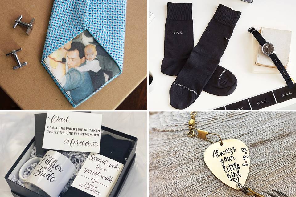 Collage of four father of the bride gift ideas