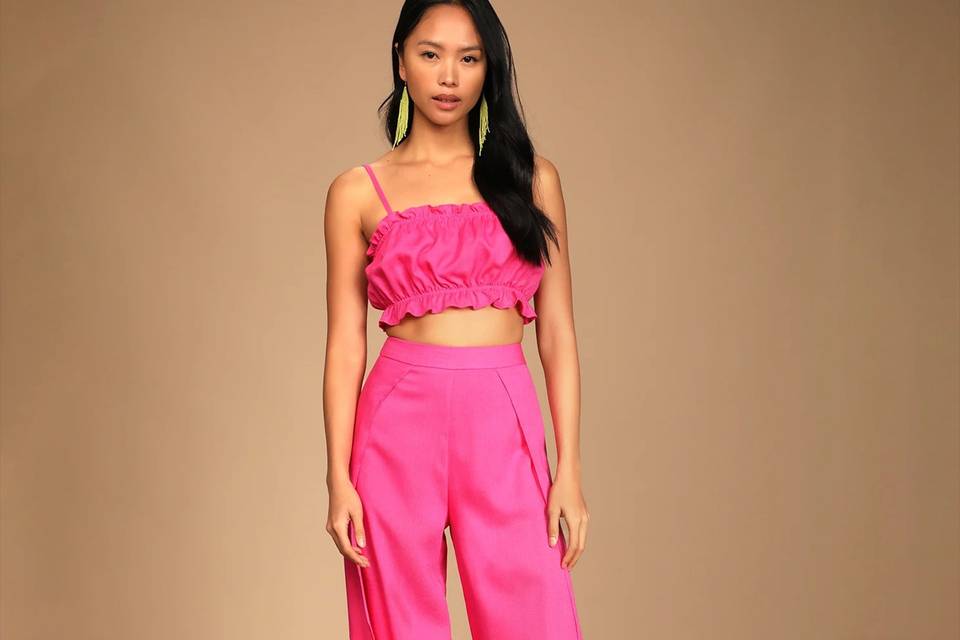 Maida Two Piece Set - V Front Crop Top and Wide Leg Pants Set in