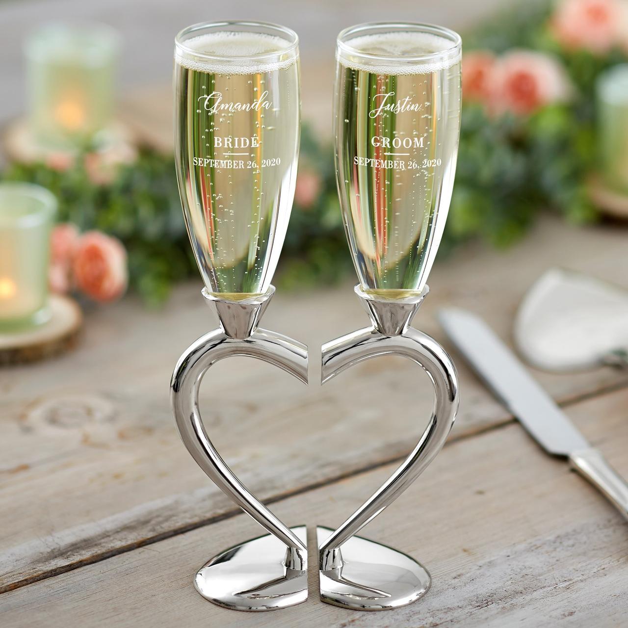 WEDDING TOASTING GLASSES SILVER HEARTS CRYSTAL STEMS GIFT BOXED CHAMPAGNE FLUTES 