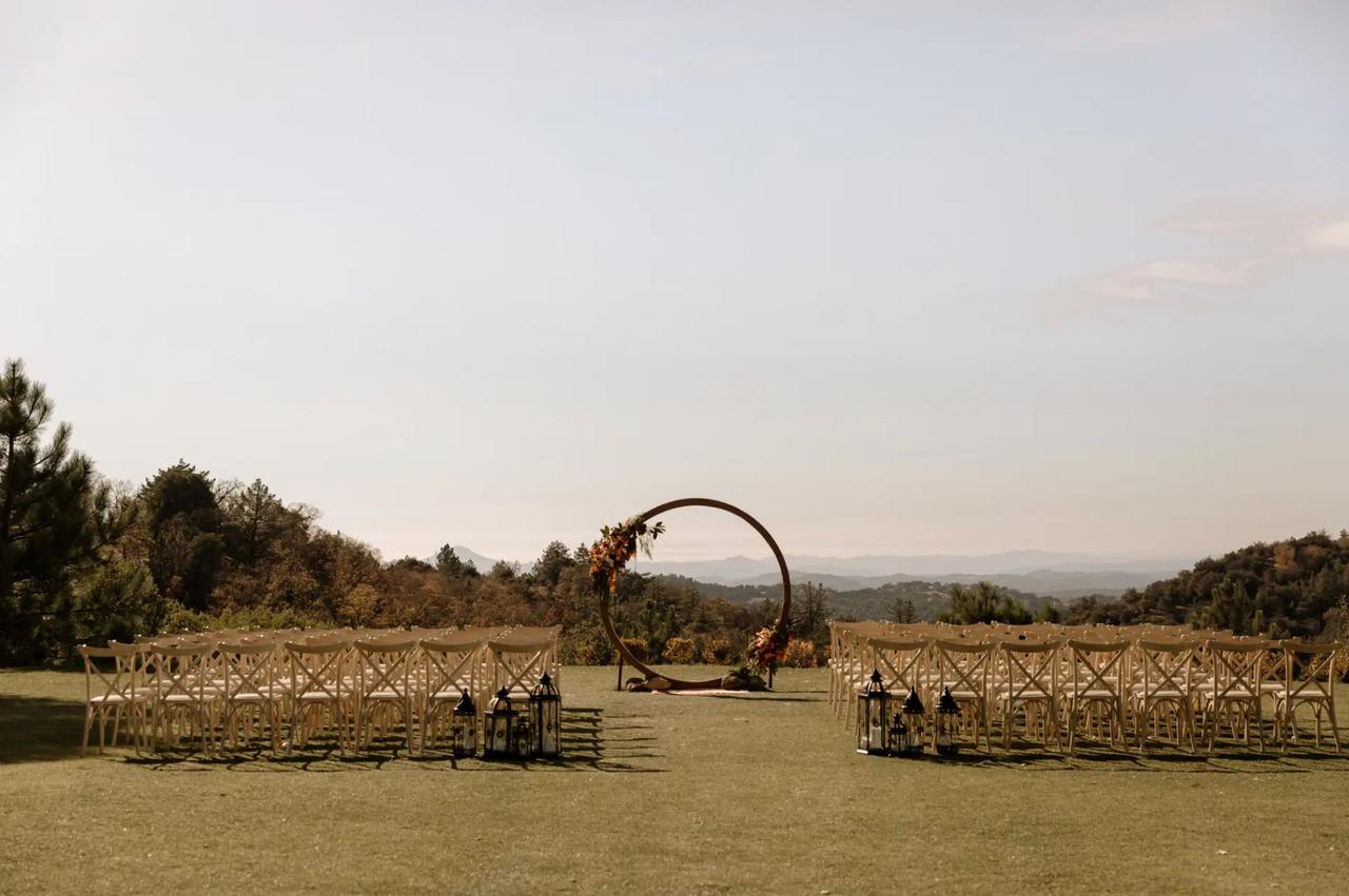outdoor wedding ceremony with modern circle altar