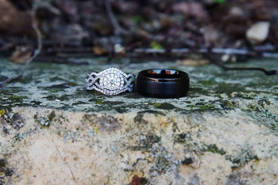 engagement ring and wedding band sitting side by side