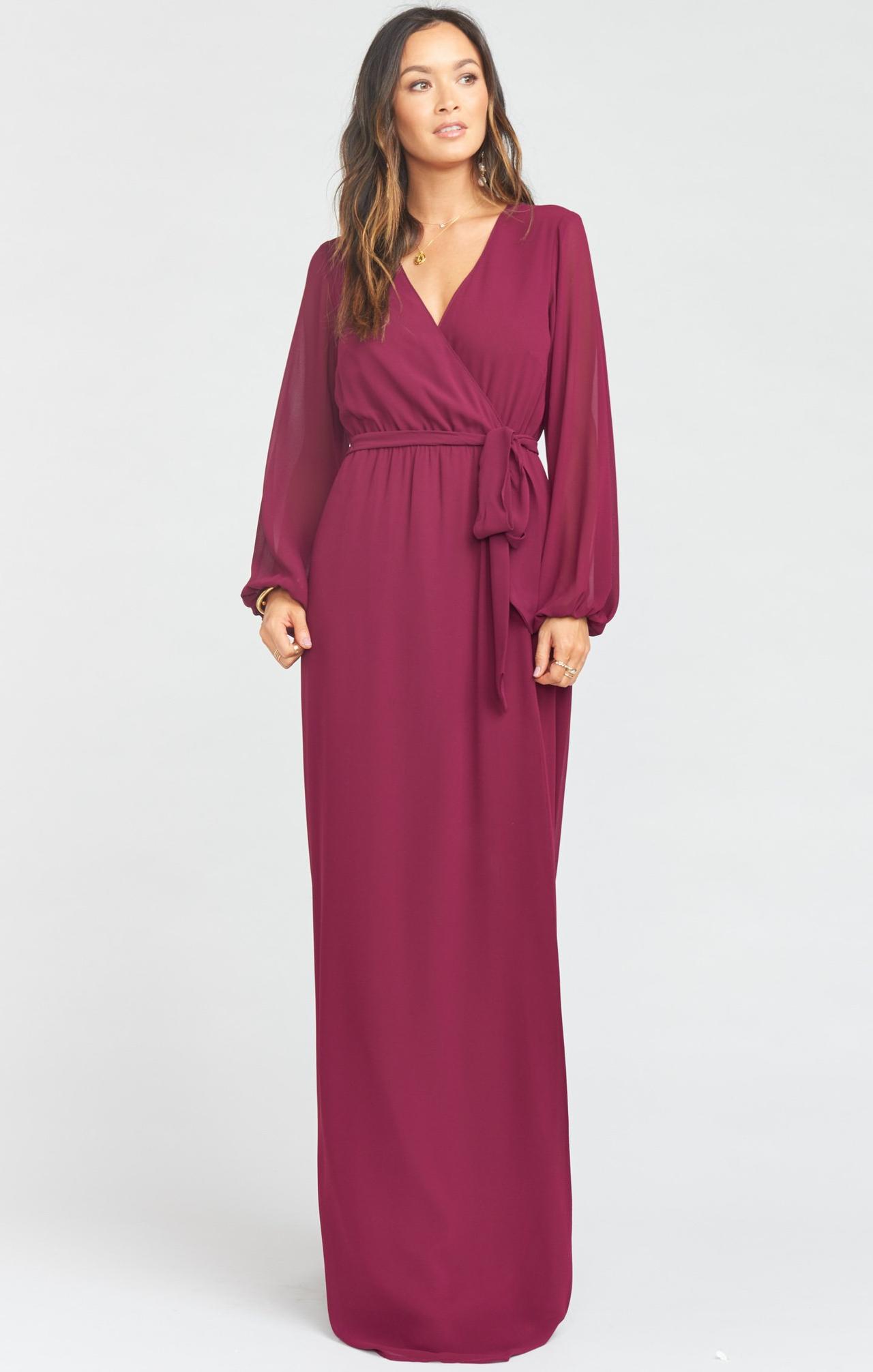 Long-sleeve burgundy bridesmaid dress