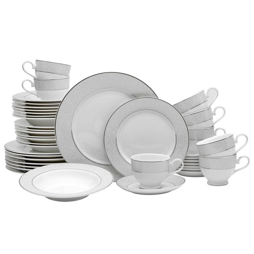 silver and white dinnerware set