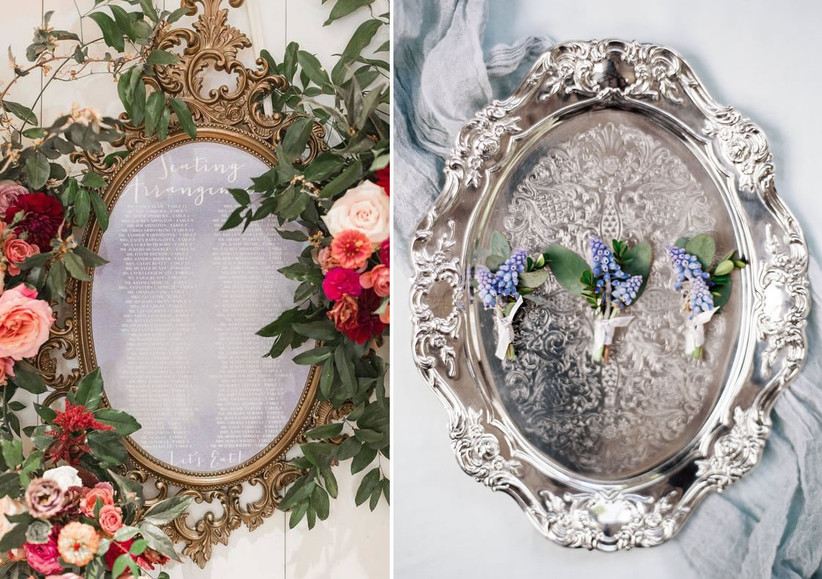image 1: a wedding seating chart surrounded by a gold frame and pink flowers, image 2: blue boutonnieres are displayed on a silver tray