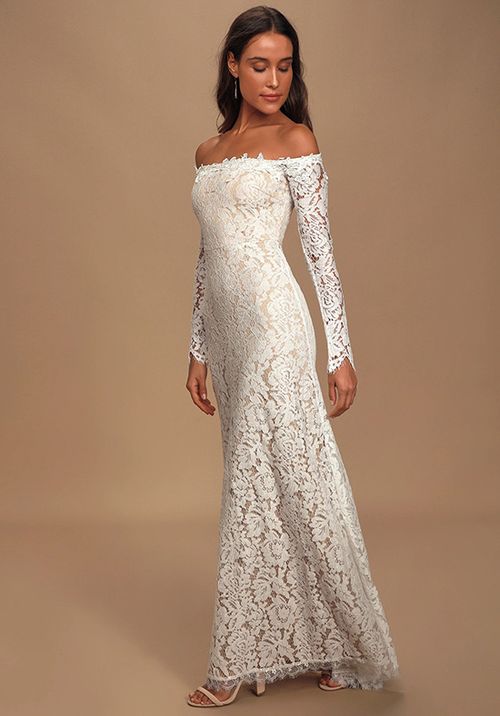 Romance Dreamer White Lace Off-the-Shoulder Maxi Dress, Lulus Bridal