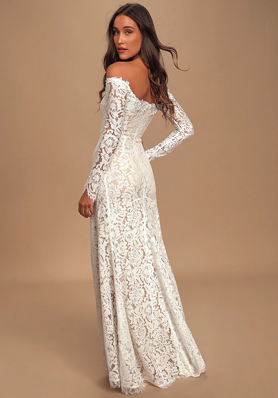 Romance Dreamer White Lace Off The Shoulder Maxi Dress Sheath Wedding Dress By Lulus Bridal 