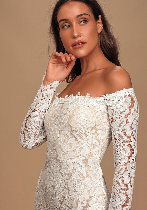 Romance Dreamer White Lace Off-the-Shoulder Maxi Dress, Lulus Bridal