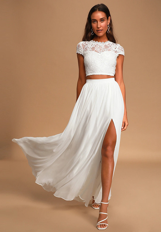 Sweet Stunner White Lace Two-Piece Maxi Dress A-line Wedding Dress by ...