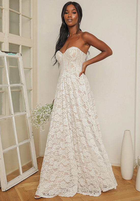 White Satin Gown - A-Line Wedding Dress - Strapless Bridal Dress - Lulus