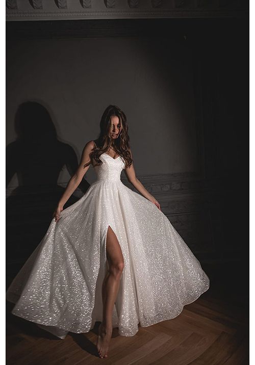 Shiny Wedding Dress Bree with High Front Slit A-line Wedding Dress by ...