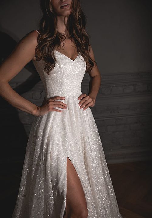 Shiny Wedding Dress Bree With A High Front Slit A Line Wedding Dress By Olivia Bottega 4671