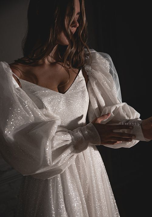 Shiny Wedding Dress Bree With A High Front Slit A Line Wedding Dress By Olivia Bottega 4124