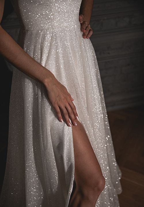 Shiny Wedding Dress Bree With A High Front Slit A Line Wedding Dress By Olivia Bottega 7171