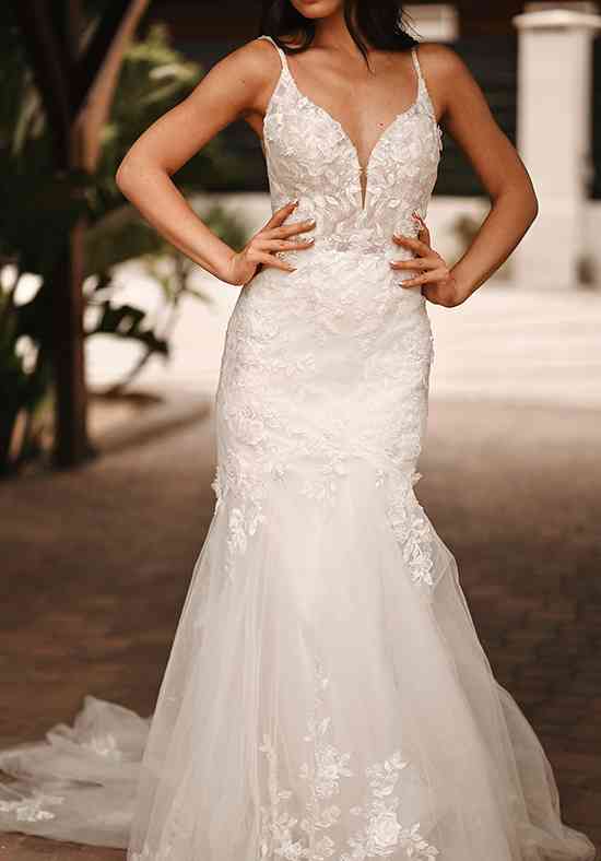 slim fit dress slacks Fit and Flare Wedding Dresses with Lace Train,Crepe Wedding Dresses Plunging Neck,WD00859, US22W / White