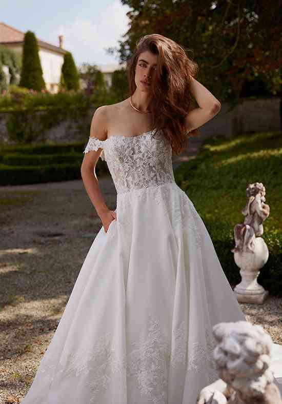 wedding dresses off the shoulder lace Off The Shoulder Lace Satin A-Line Gown
