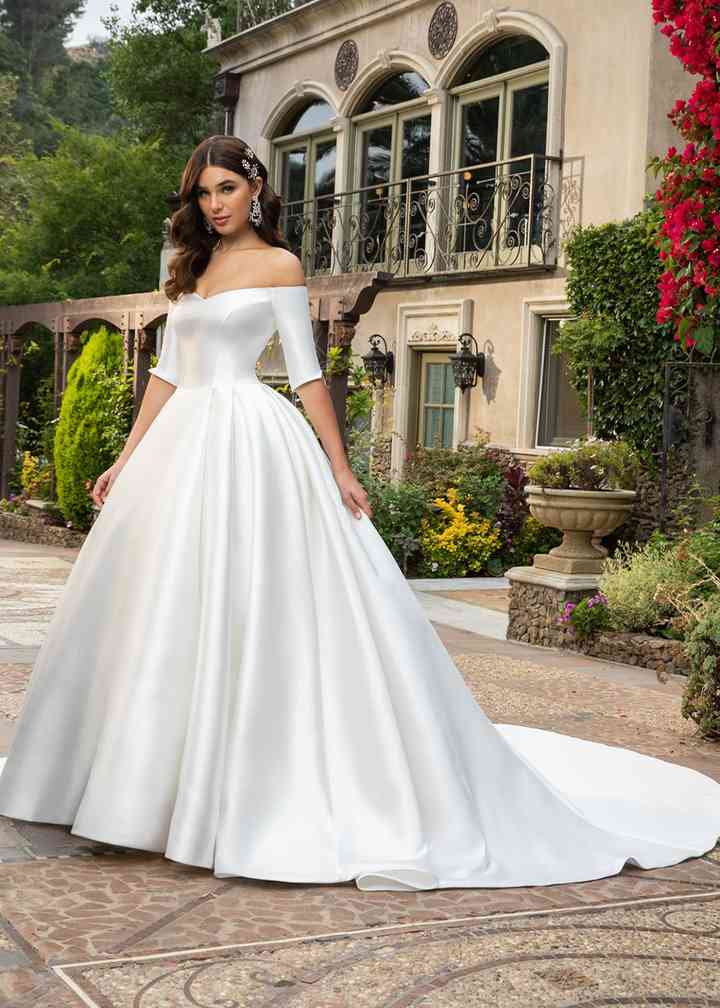 A-Line 3-4-Sleeve Floor-Length Strapless Chiffon Wedding Dress With Lace  And Illusion - June Bridals