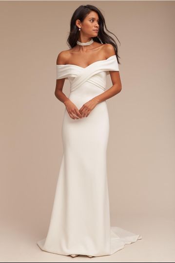 BHLDN Blake Gown		An off-the-shoulder sweetheart neckline gives this stunning ivory crepe gown an...