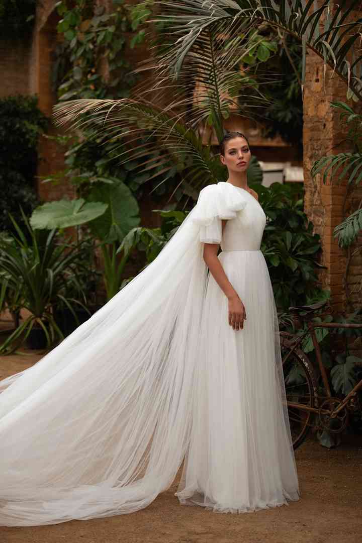 one shoulder long sleeve wedding dress