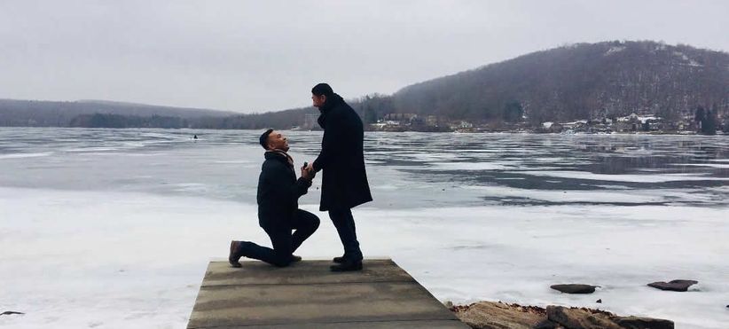 winter proposal with frozen lake backdrop