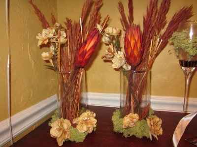 DIY centerpieces, cake topper, and toasting glass