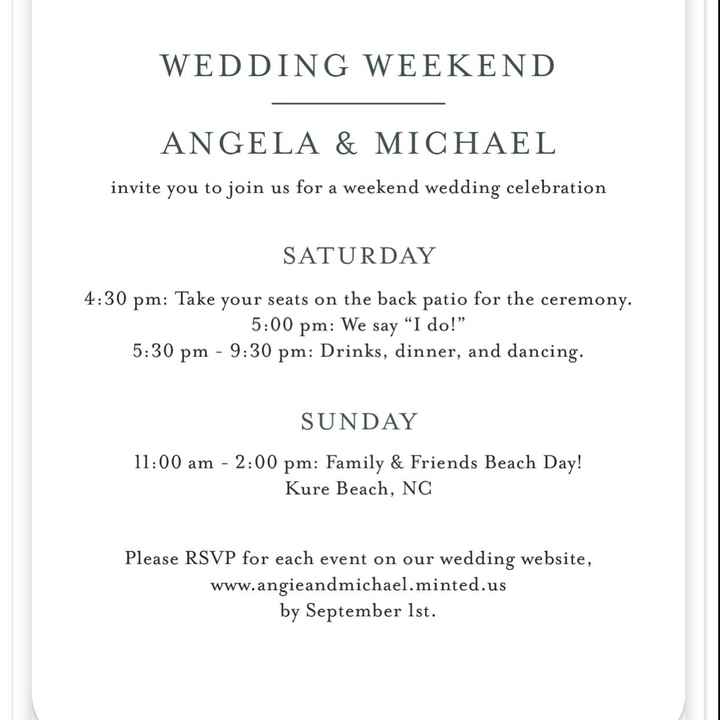 Back of invitation with welcome party invite and timeline - 1