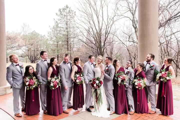 Grey suits maroon dresses