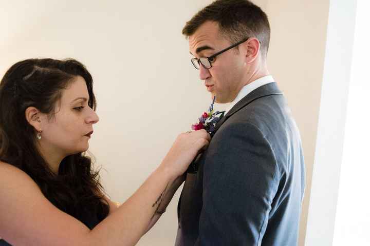 Groomswoman Cara helping my Bride's man/cousin Chris