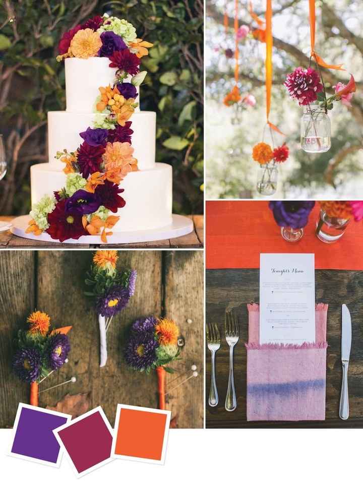 Cranberry,eggplant, and dark orange colors