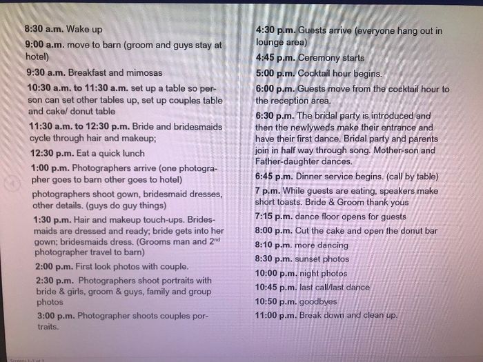 Example for Wedding Day Timelines 1