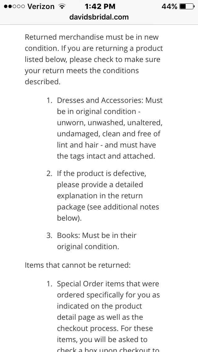 David's bridal return hot sale policy online