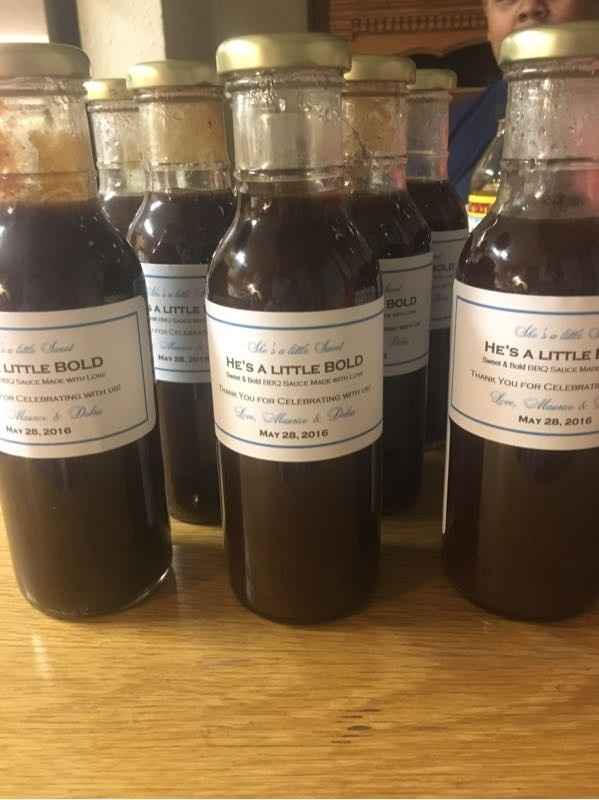 Finished our DIY BBQ sauce wedding favors!!!