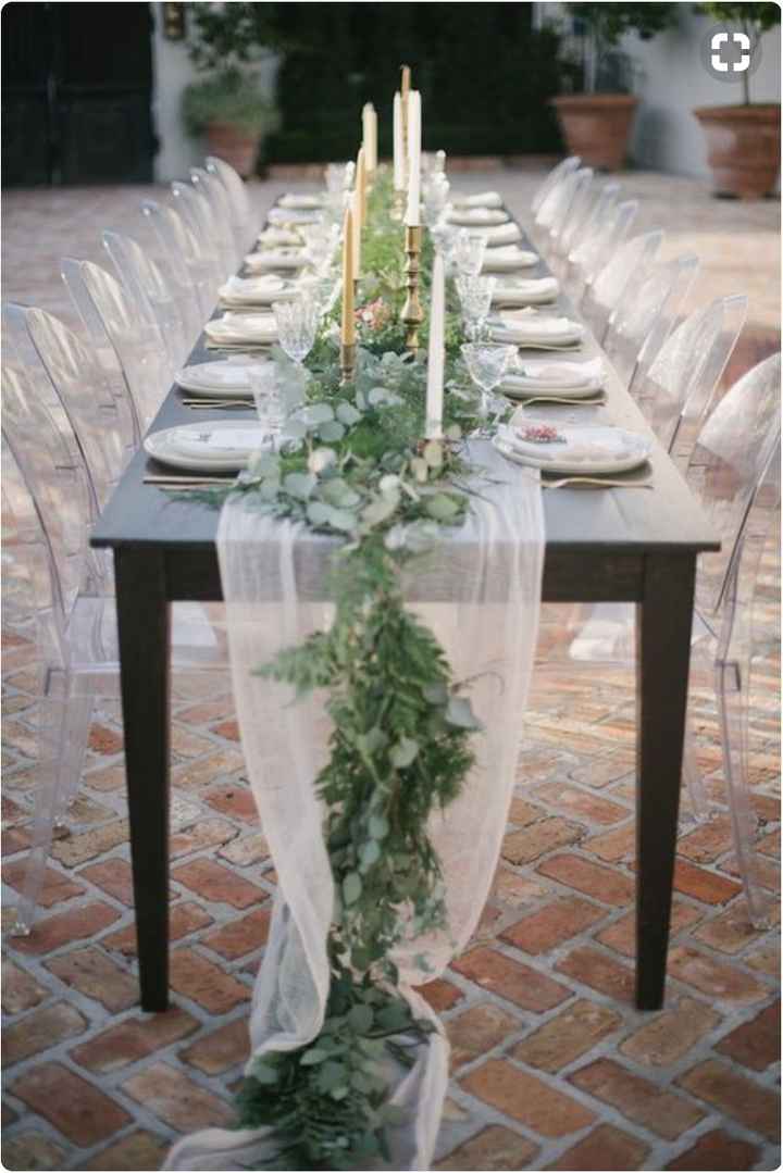 Using farm tables, no runner and the ghost chairs