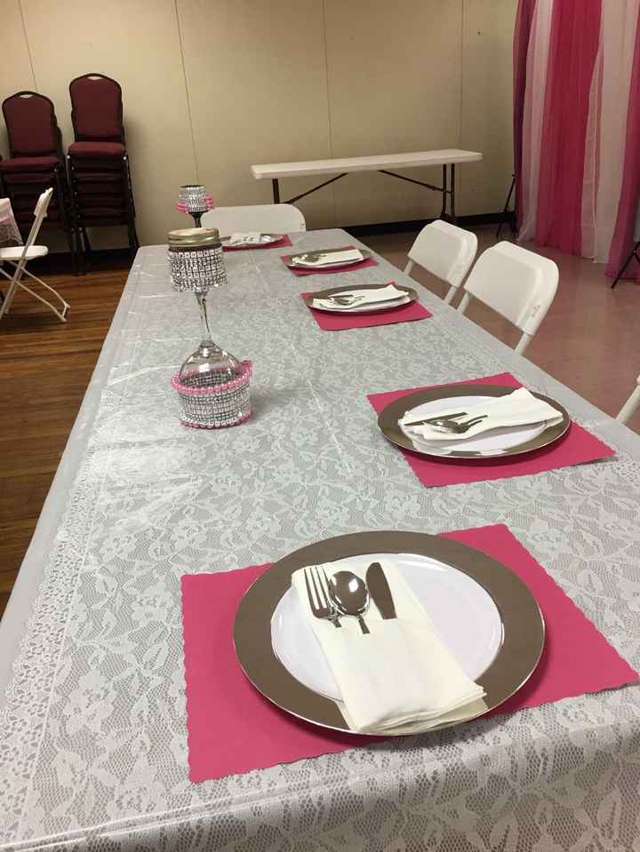 Table setup with bling and candles.  I did the candles