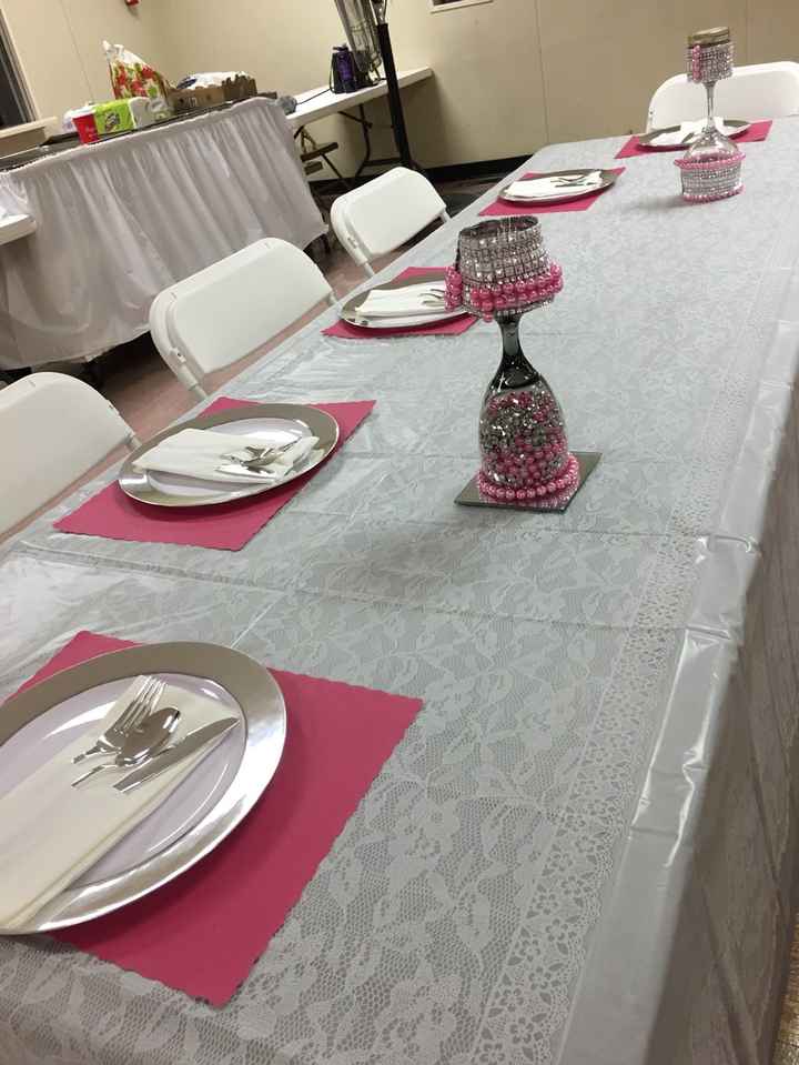 Table setup with bling and candles.  I did the candles