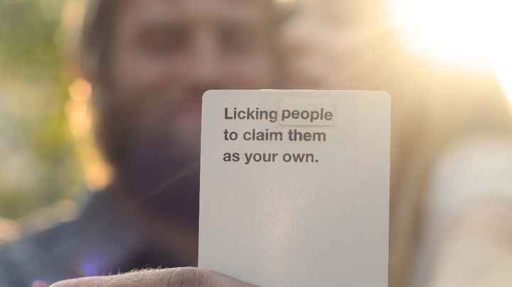 A closeup of the Cards Against Humanity card I made