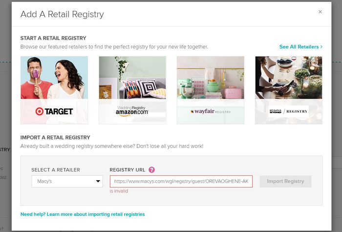 Macy's Registry url showing as Invalid 1