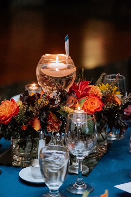 Navy blue tablecloth with the multi-color flowers