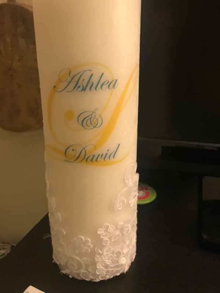 Back of Candle (navy blue and sunflower yellow are our wedding colors)