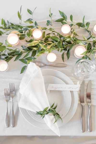 Greenery with candles and white linens/china?