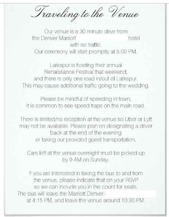 Our venue is 30 minutes from our hotel block, and we are providing transportation for guests if they