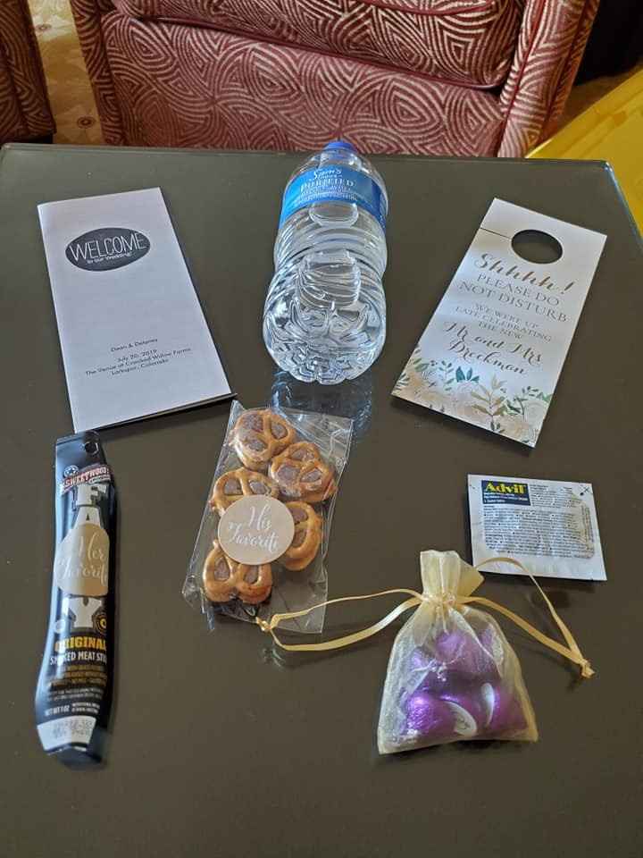 Each bag had two water bottles, a personalized welcome pamphlet, a personalized do not disturb sign,