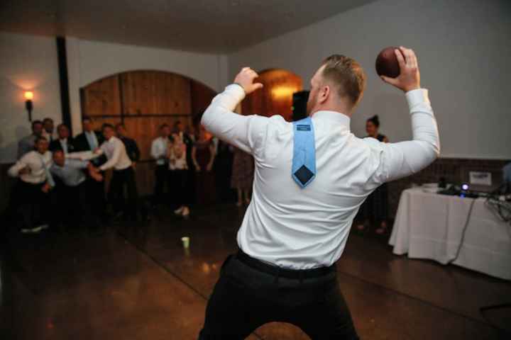 Tossing the football with the garter around it!