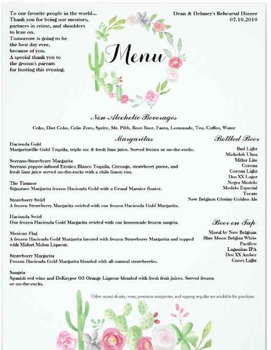 Menu from our rehearsal dinner